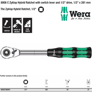 [05003780001] Gagang Shock Wera 05003780001 8006 C Zyklop Hybrid Ratchet With Switch Lever 1/2" x 281 mm
