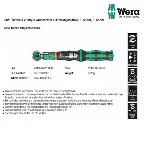 [05075801001] Kunci Shock Momen Torsi 1/4" dengan pengaman 2-12 Nm 05075801001  Wera Safe-Torque A 2 torque wrench with 1/4" hexagon drive