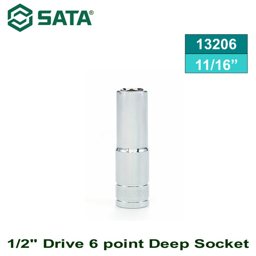 [13206] Kunci Sok Panjang 1/2" drive ukuran 11/16" 13206 Sata Tools 1/2" Dr. 6PT Deep Socket Inch