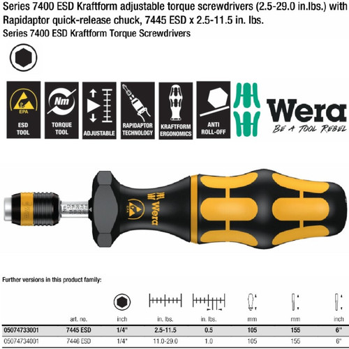 [05074733001] Obeng Torsi ESD 1/4" 2.5-11.5 in. lbs. Wera 05074733001 Adjustable Torque ESD