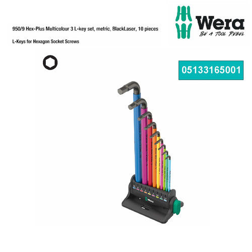 [05133165001] Kunci L set 10 pcs Metrik 05133165001 Wera 950/9 Hex-Plus Multicolour 3 L-key set, metric, BlackLaser, 10 pieces