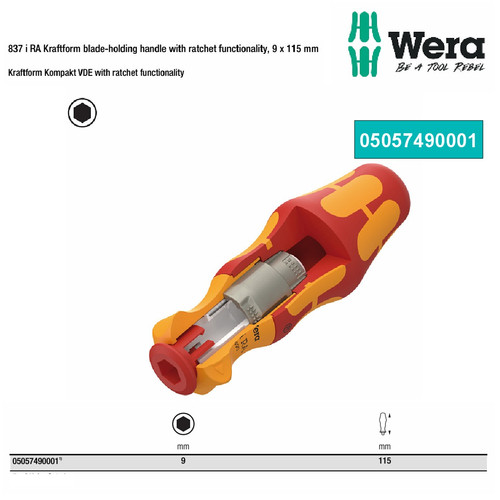 [05057490001] Gagang Mata Obeng VDE, Bit Holder, Rachet Wera 05057490001 837 i RA Kraftform blade-holding handle with ratchet functionality