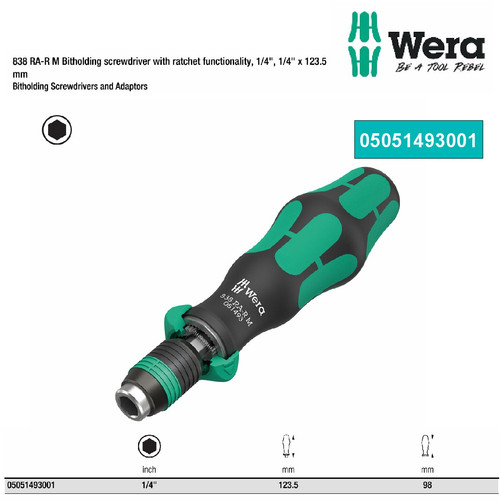 [5051493001] Gagang Mata Obeng, Bit Holder, Ratchet Bolak Balik 1/4" Wera 05051493001 838 RA-R M Bitholding screwdriver with ratchet functionality, 1/4"