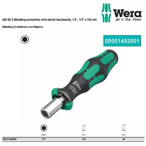 [5051492001] Gagang Mata Obeng, Bit Holder, Ratchet , 1/4" Wera 05051492001 838 RA S Bitholding screwdriver with ratchet functionality