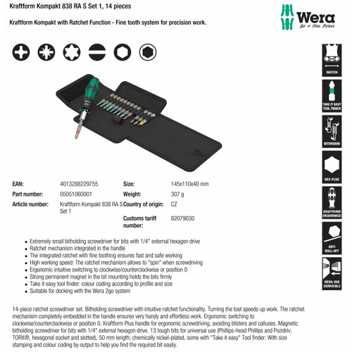 [05051060001] Obeng Bits Set 14 pcs Wera 05051060001 Kraftform Kompakt 838 RA S Set 1, 14 pieces