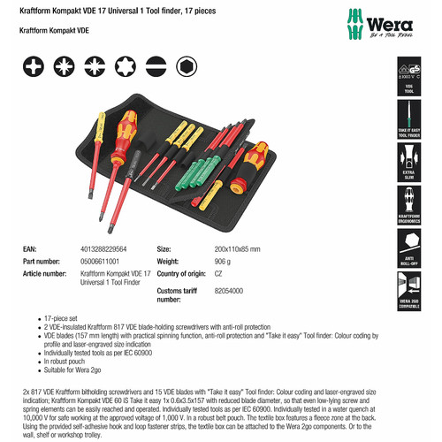 [5006611001] Obeng VDE set 17 pcs Wera 05006611001 Kraftform Kompakt VDE 17 Universal 1 Tool finder, 17 pieces