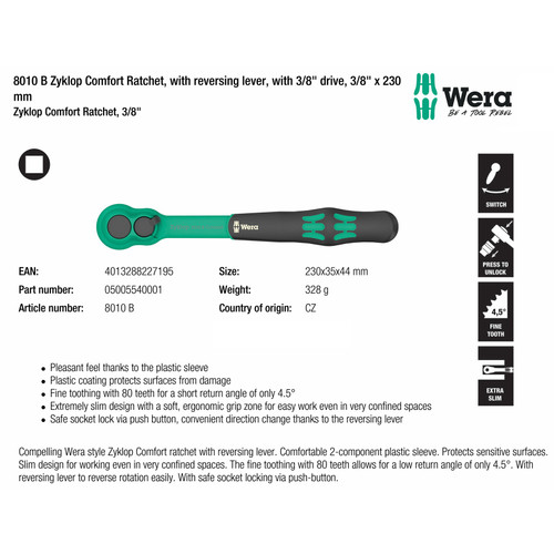 [05005540001] Kunci Shock Ratchet 3/8" drive Wera 05005540001 8010 B Zyklop Comfort Ratchet, with reversing lever, 3/8" x 230 mm
