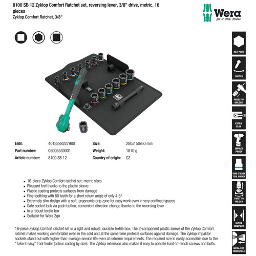 [05005530001] Socket Ratchet Set 3/8"  Wera 05005530001 - 8100 SB 12 Zyklop Comfort Ratchet set, reversing lever, 3/8" dr. metric, 16 pcs  Wera