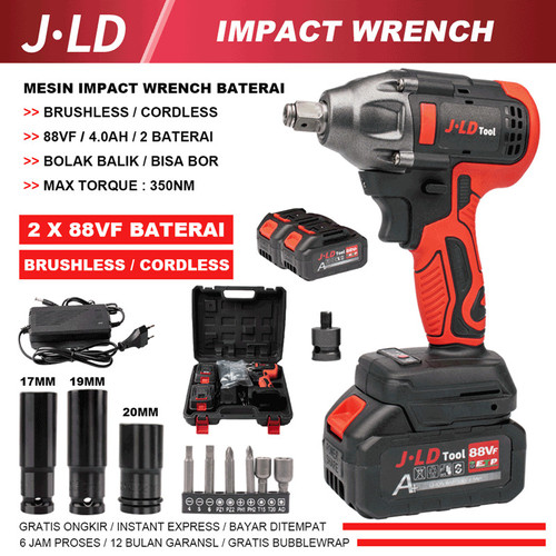 JLD 48VF Impact Wrench Cordless Brushless with 2 battery/Mesin Bor Red