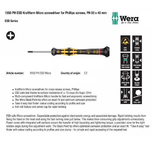 [05030112001] Obeng Plus Mikro  PH 1 x 80 mm 05030112001 1550 PH ESD Kraftform Micro Screwdriver for Phillips Screws Wera