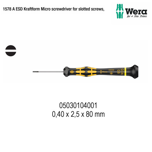 [05030104001] Obeng Mikro Minus 05030104001 0,40 x 2,5 x 80 mm 1578 A ESD Kraftform Micro screwdriver for slotted screws Wera