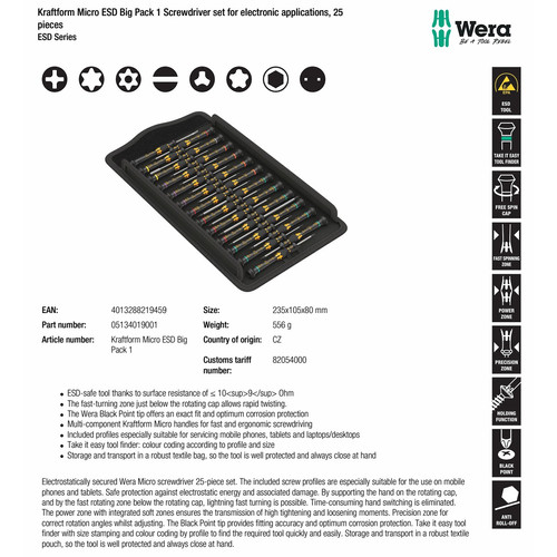 [05134019001] Obeng set 25 pcs untuk aplikasi elektronik 05134019001 Kraftform Micro ESD Big Pack 1 Screwdriver set for electronic applications, 25 pieces Wera