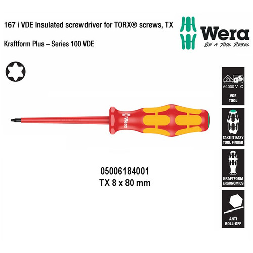 [05006184001] Obeng VDE Listrik TX 8 x 80 mm 05006184001 167 i Torx VDE Insulated Screwdriver for Torx Screws Wera
