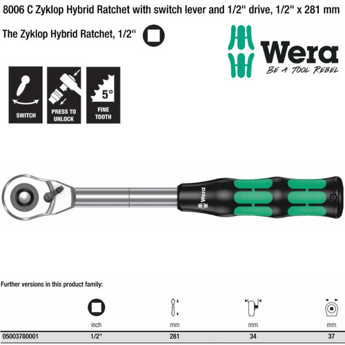 [05003780001] Gagang Hybrid Ratchet With Switch Lever 1/2" x 281 mm Wera 05003780001