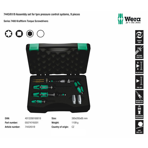 [05074745001] Kunci Kontrol Tekanan Ban & Perakitan 9 Pc 7443/61/9 05074745001 Assembly set for tyre pressure control systems 9 pieces Wera