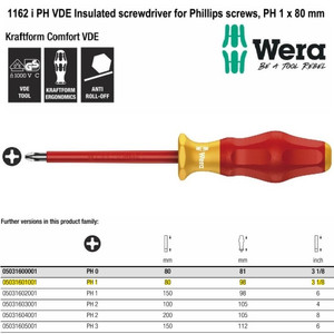 Obeng VDE Plus PH 1 x 80 mm Wera 05031601001 VDE Phillips Screws