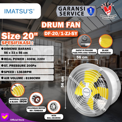 [EZM.0100270] Drum Fan Low Noise 20 Inch 220V Axial Drum Fan Tabung 20" Ball Bearing