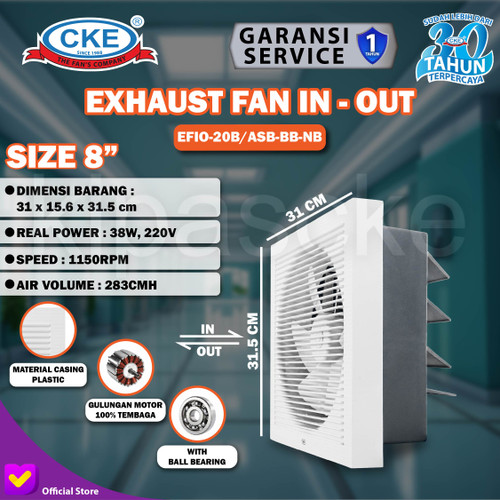 [EZM.0100988] EXHAUST FAN IN OUT TYPE 20B-ASB 8 INCH 40W 220V RUMAH KAMAR DINDING