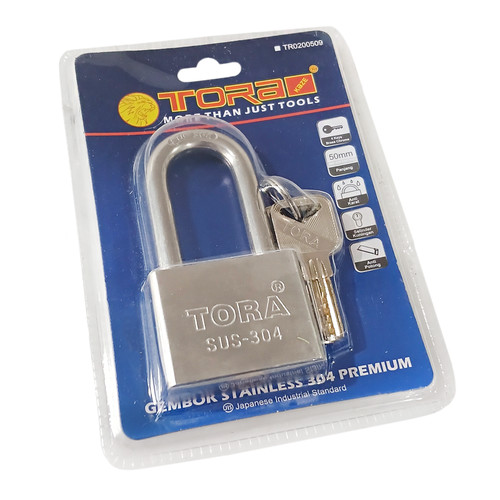 [EZM.1000299] TORA Gembok Stainless 304 Premium Long 50 MM 4 Key Kuningan Chrome Double Blister