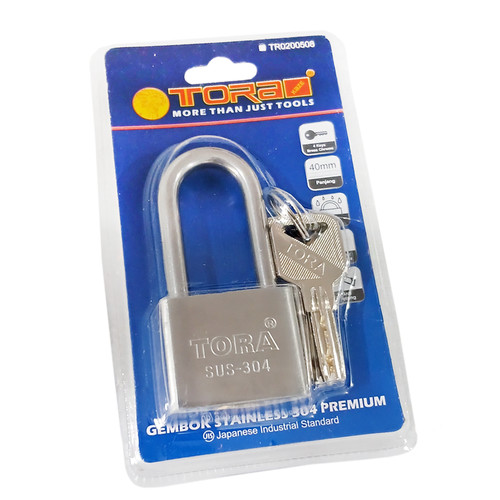 [EZM.1000300] TORA Gembok Stainless 304 Premium Long 40 MM 4 Key Kuningan Chrome Double Blister
