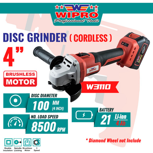 [EZM.1004741] Gerinda Tangan / Disc Grinder Cordless W3110 4" (Brushless) WIPRO
