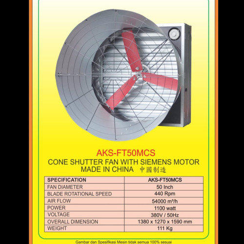[EZM.3603211] Kipas Exhaust Kandang Unggas Cone Shutter Fan Dinamo SIEMENS 3 Phase