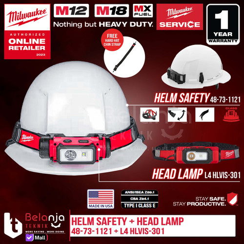 [EZM.3500098] Helm Safety Milwaukee Helmet Proyek + Senter Head Lamp Milwaukee USB Rechargeable LED 3 AH