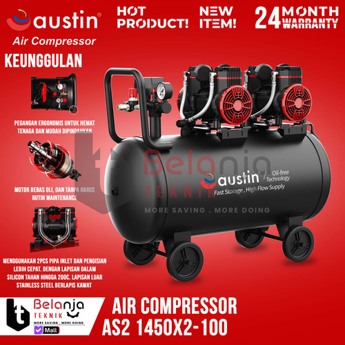 [EZM.3500162] Mesin Kompresor Udara Tanpa Oli Austin AS2 1450X2-100 Air Compressor Oilless 100 L