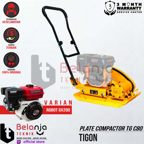 [EZM.3500258] Tigon Plate Compactor TG C80 Mesin Stamper Kodok Pemadat Aspla TGC80 + Mesin Penggerak Engine Robot GX 200 6.5 HP