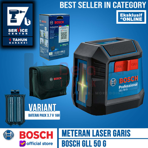 [EZM.3500445] Bosch Meteran Laser Garis GLL 50 G Line Laser Level Green 15 Meter + Baterai Pack 3.7 V 1 Ah