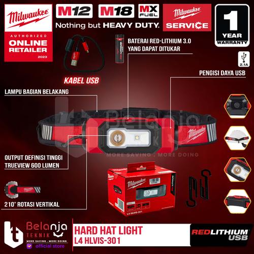 [EZM.3500490] Milwaukee USB Rechargeable LED Head Lamp L4 HLVIS-301 4V 3 AH Senter Lampu Kepala 400 Lumen