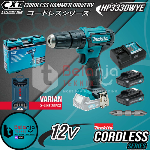 [EZM.3500816] MAKITA Mesin Bor Baterai HP 333 DWYE Hammer Drill 12 V + X-line 25 PCS