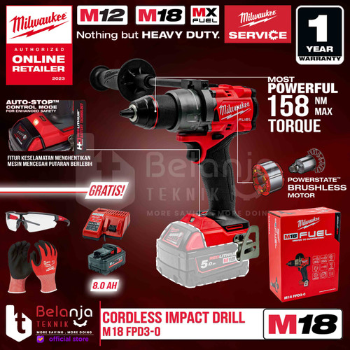 [EZM.3501108] Milwaukee Bor Baterai M18 FPD3-0 Cordless Impact Drill SET 18V 8AH FPD