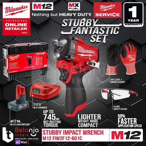 [EZM.3501127] Mesin Stubby Impact Wrench Baterai Milwaukee M12 FIWF12-0C 1/2 Inch GEN 3 Mesin Buka Baut Set 12V 6 AH