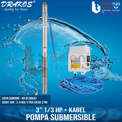 [EZM.3502907] Drakos Submersible Pump 3Inch 1/3 HP Pompa Air Satelit Celup dan Kabel