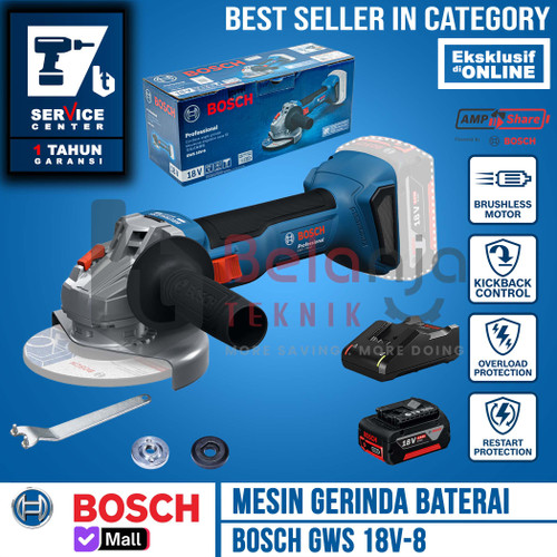 [EZM.3503107] Mesin Gerinda Tangan Baterai Bosch GWS 18V-8 4 Inch Set Charger Battery 4 AH 18 Volt