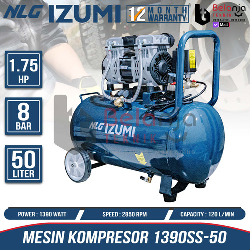 [EZM.3503125] Izumi NLG Mesin Kompressor Angin Portable Oilless 1390SS-50 Air Compressor 50L Tanpa Oli