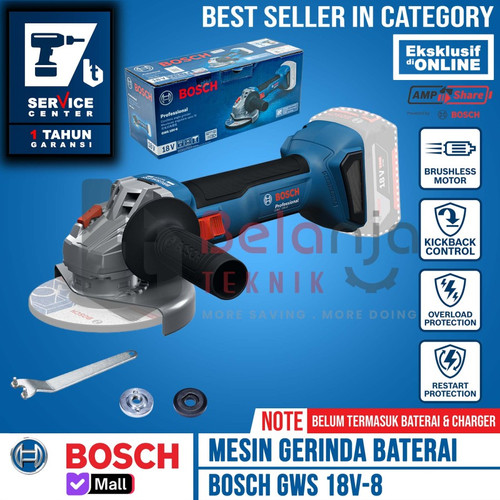 [EZM.3503498] Mesin Gerinda Tangan Baterai Bosch GWS 18V-8 Volt Angle Grinder Cordless 4 Inch SOLO