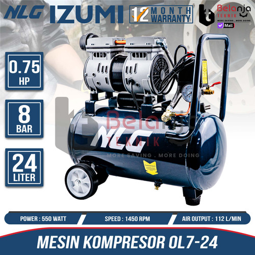 [EZM.3503903] Izumi NLG Mesin Kompressor Angin Portable 3/4 HP 24 Liter Oilless Air Compressor 0.75 HP Tanpa Oli