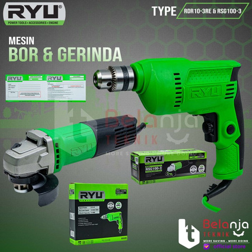 [EZM.3500133] Paket Mesin Gerinda Tangan Listrik Ryu Gerinda RSG 100-3 4 Inch 580 Watt + Mesin Bor Listrik Ryu RID 13-1 RE SET MATA BOR
