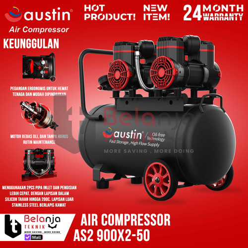 [EZM.3500163] Mesin Kompresor Udara Tanpa Oli Austin AS2 900X2-50 Air Compressor Oilless 50 L