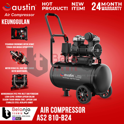 [EZM.3500165] Mesin Kompresor Udara Tanpa Oli Austin AS2 810-B24 Air Compressor Oilless 24 L