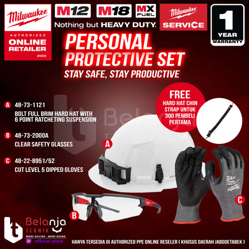 [EZM.3500545] Milwaukee Helm Safety Personal Protective Set Paket + Sarung Tangan Anti Potong Cut Level 5 Dipped Gloves + Kacamata Clear Glasses Helem ANSI CSA