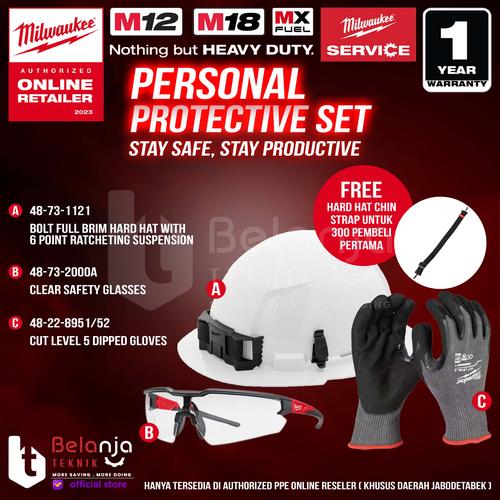 [EZM.3500545] Milwaukee Helm Safety Personal Protective Set Paket + Sarung Tangan Anti Potong Cut Level 5 Dipped Gloves + Kacamata Clear Glasses Helem ANSI CSA