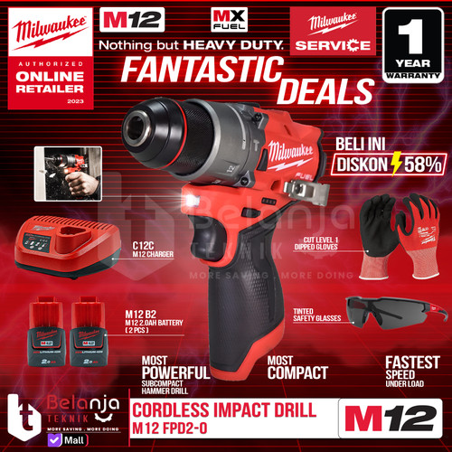 [EZM.3500958] Milwaukee Bor Baterai M12 FPD2-0 Cordless Impact Drill SET 12V 2AH FPD