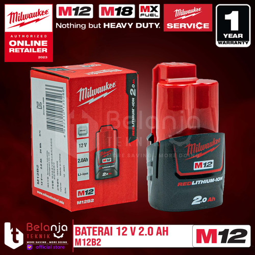 [EZM.3501400] Milwaukee Battery M12 B2 Baterai 12 Volt 2 AH 12V M12B2 REDLithium Ion
