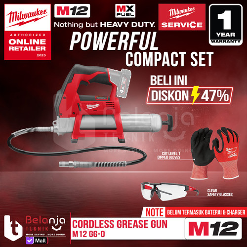 [EZM.3501412] Milwaukee Grease Gun Cordless M12 GG-0 Pompa Gemuk Baterai Unit Only