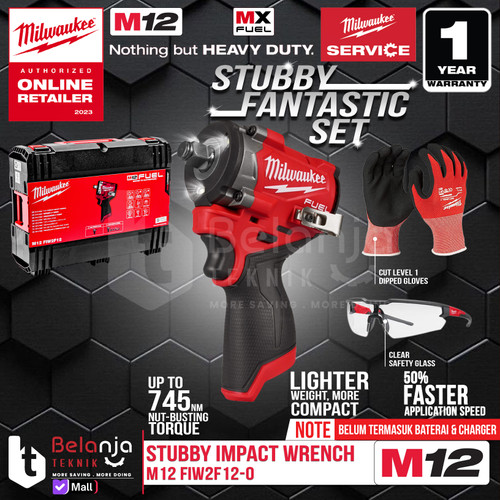 [EZM.3501437] Mesin Stubby Impact Wrench Baterai Milwaukee M12 FIWF12-0C 1/2 Inch GEN 3 Mesin Buka Baut Unit Only