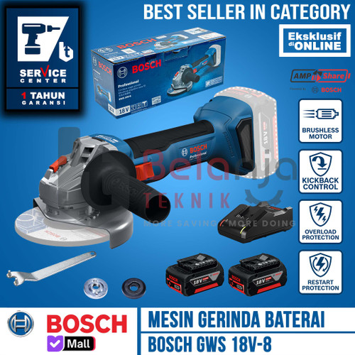 [EZM.3501486] Mesin Gerinda Tangan Baterai Bosch GWS 18V-8 4 Inch Set X2 Charger Battery 4 AH 18V
