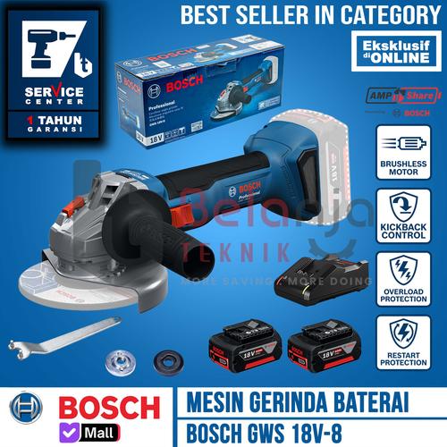 [EZM.3501486] Mesin Gerinda Tangan Baterai Bosch GWS 18V-8 4 Inch Set X2 Charger Battery 4 AH 18V